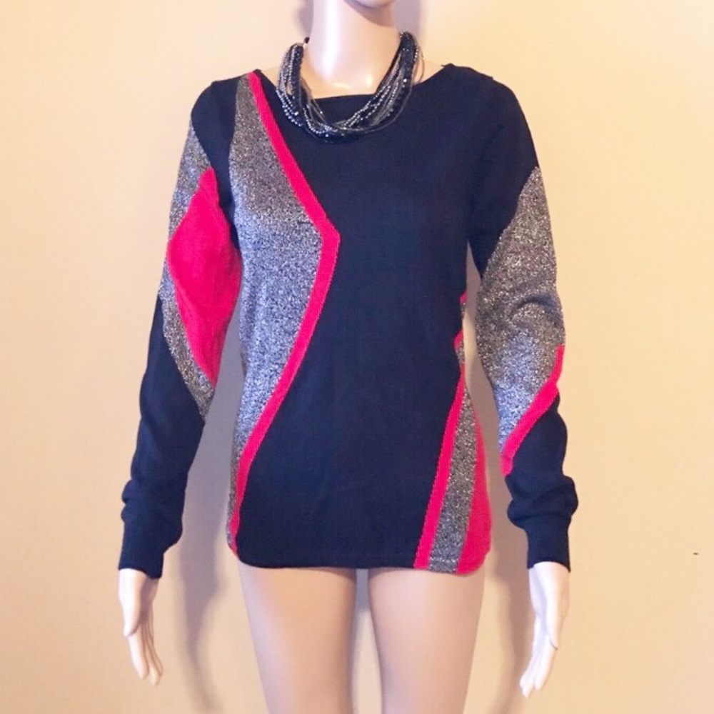Jones New York Black Sweater with Pink and Silver Metallic Accents